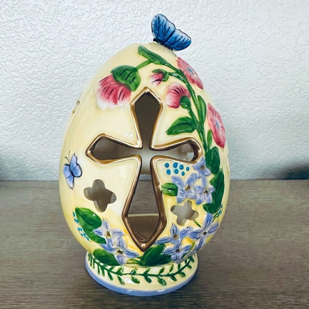 Blue Sky Ceramic Cross Easter Egg Spring Candle Holder